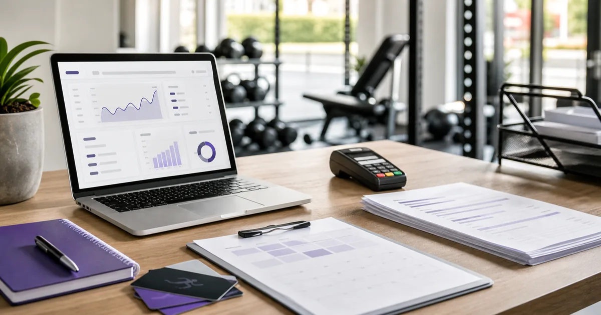 Mesa de gestión financiera en un gimnasio con portátil, documentos bancarios y terminal de pago