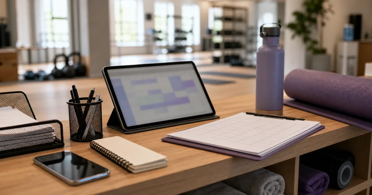 Recepción de un estudio fitness con agenda, móvil y sala de clases desenfocada al fondo